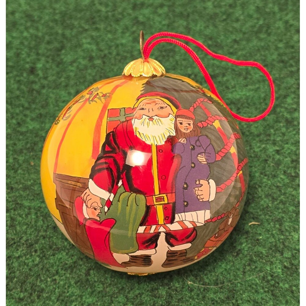 Reversed hand Painted Hand Blown Glass Santa Christmas Round Ornament w/ Box